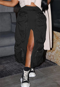 Jupe cargo décontractée taille haute avec fermeture éclair et grandes poches pour femme, style 2023, fente sur le devant, ample, droite, longue, mi-longue, streetwear