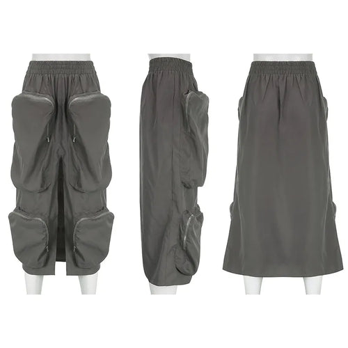 Jupe cargo décontractée taille haute avec fermeture éclair et grandes poches pour femme, style 2023, fente sur le devant, ample, droite, longue, mi-longue, streetwear