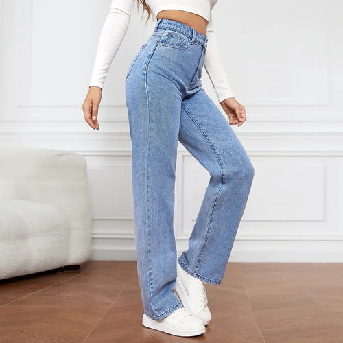Jean droit taille haute pour femme, nouvelle collection, poches sur les jambes, pantalon basique, longueur cheville, pantalon en denim, jean délavé bleu vintage