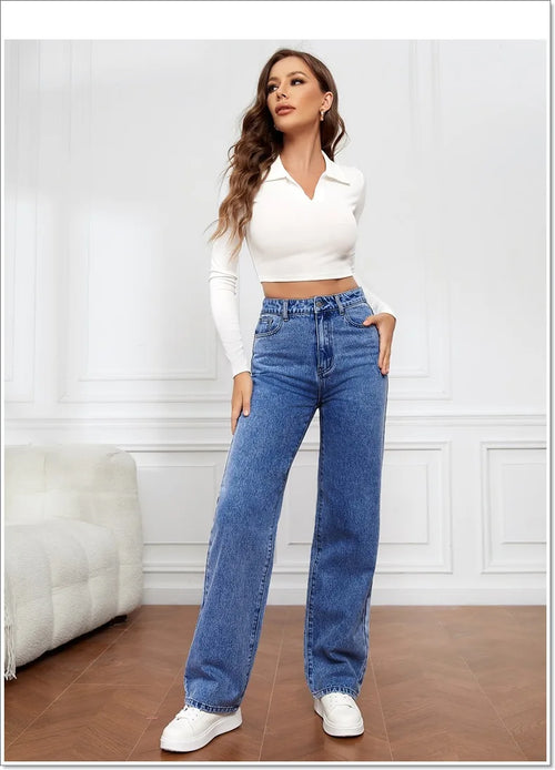 Jean droit taille haute pour femme, nouvelle collection, poches sur les jambes, pantalon basique, longueur cheville, pantalon en denim, jean délavé bleu vintage