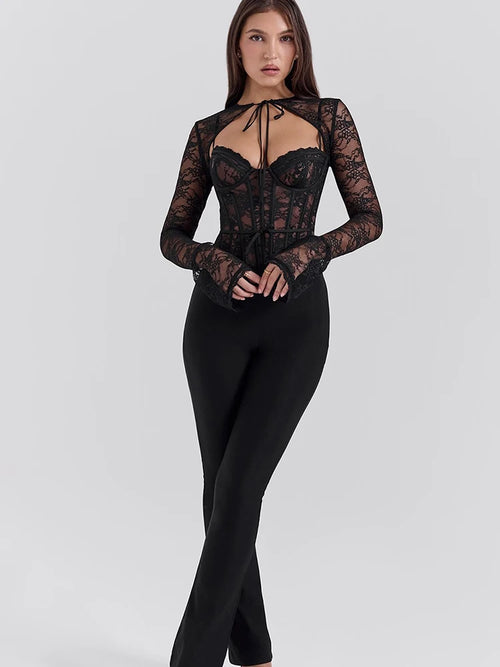 Hauts en dentelle transparente à manches longues noirs