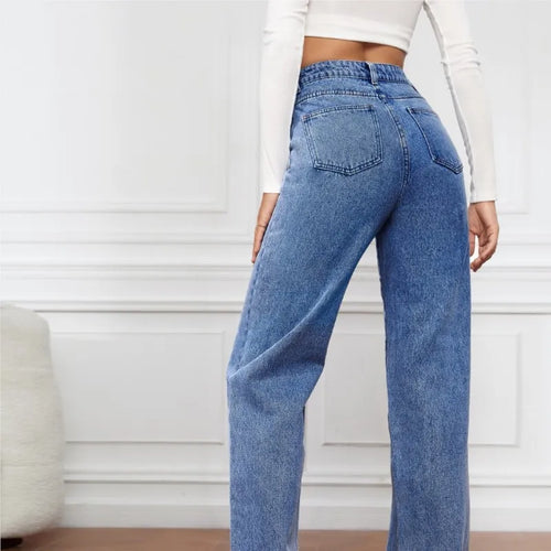 Jean droit taille haute pour femme, nouvelle collection, poches sur les jambes, pantalon basique, longueur cheville, pantalon en denim, jean délavé bleu vintage