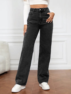 Jean droit taille haute pour femme, nouvelle collection, poches sur les jambes, pantalon basique, longueur cheville, pantalon en denim, jean délavé bleu vintage