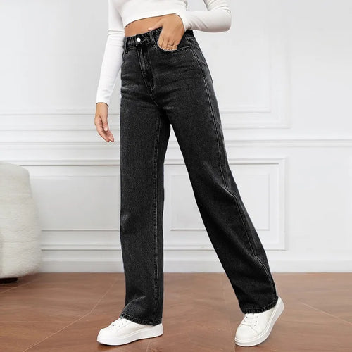 Jean droit taille haute pour femme, nouvelle collection, poches sur les jambes, pantalon basique, longueur cheville, pantalon en denim, jean délavé bleu vintage