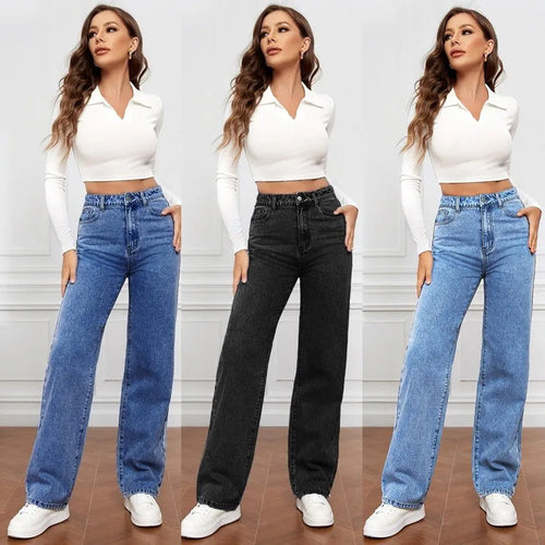 Jean droit taille haute pour femme, nouvelle collection, poches sur les jambes, pantalon basique, longueur cheville, pantalon en denim, jean délavé bleu vintage