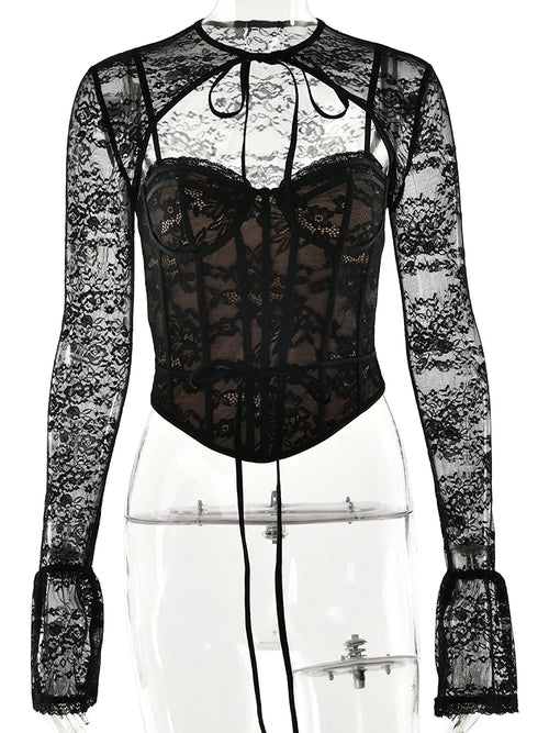 Hauts en dentelle transparente à manches longues noirs