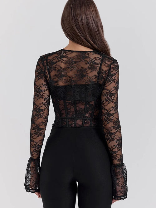 Hauts en dentelle transparente à manches longues noirs