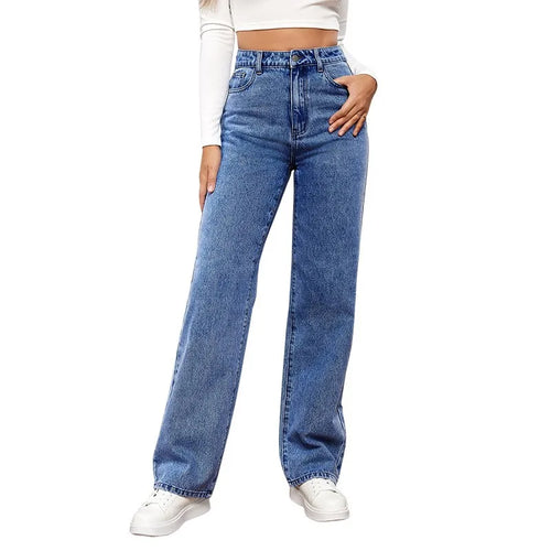 Jean droit taille haute pour femme, nouvelle collection, poches sur les jambes, pantalon basique, longueur cheville, pantalon en denim, jean délavé bleu vintage