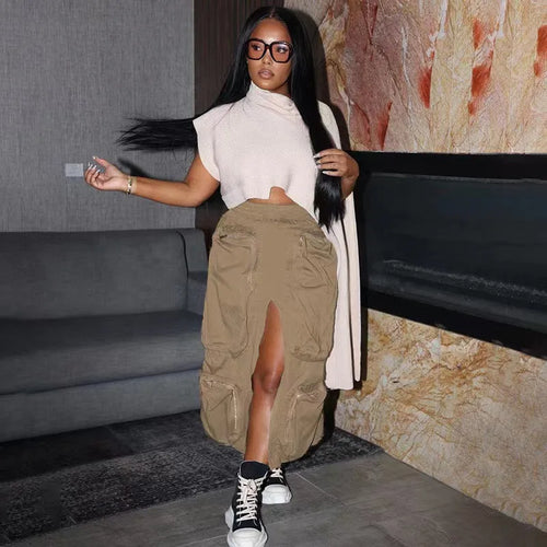 Jupe cargo décontractée taille haute avec fermeture éclair et grandes poches pour femme, style 2023, fente sur le devant, ample, droite, longue, mi-longue, streetwear