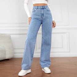 Jean droit taille haute pour femme, nouvelle collection, poches sur les jambes, pantalon basique, longueur cheville, pantalon en denim, jean délavé bleu vintage