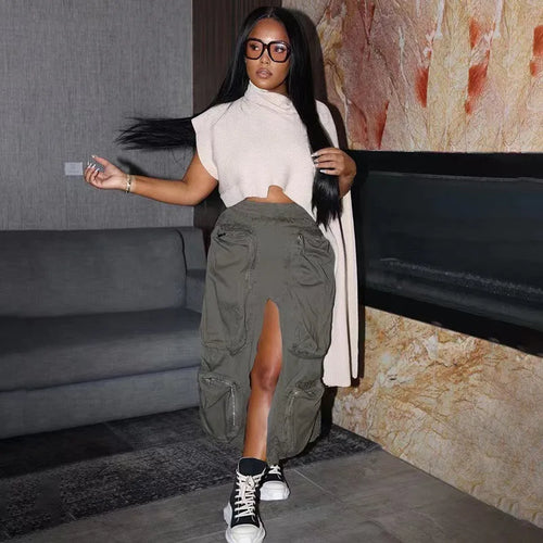 Jupe cargo décontractée taille haute avec fermeture éclair et grandes poches pour femme, style 2023, fente sur le devant, ample, droite, longue, mi-longue, streetwear